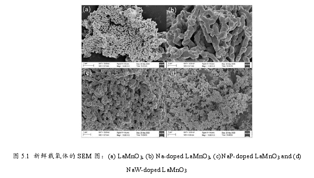 图 5.1 新鲜载氧体的 SEM 图:(a) LaMnO3, (b) Na-doped LaMnO3, (c)NaP-doped LaMnO3 and (d)NaW-doped LaMnO3 图 5.1 新鲜载氧体的 SEM 图:(a) LaMnO3, (b) Na-doped LaMnO3, (c)NaP-doped LaMnO3 and (d)NaW-doped LaMnO3